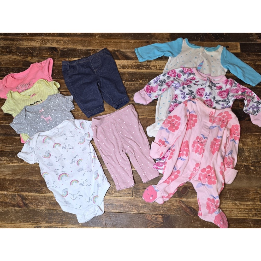 Baby Girl Size Newborn 9 piece Lot Infant Bodysuits Sleepers Pants Bundle